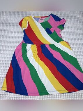 Mini Boden Girls Dress Sz 7 - 8 Rainbow Stripe 100% Cotton Heart Twirling Pocket